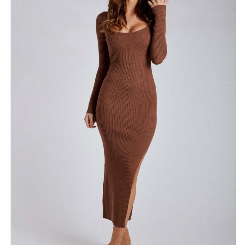 Meshki Long Sleeve Ribbed Bodycon Dress Brown Size XS